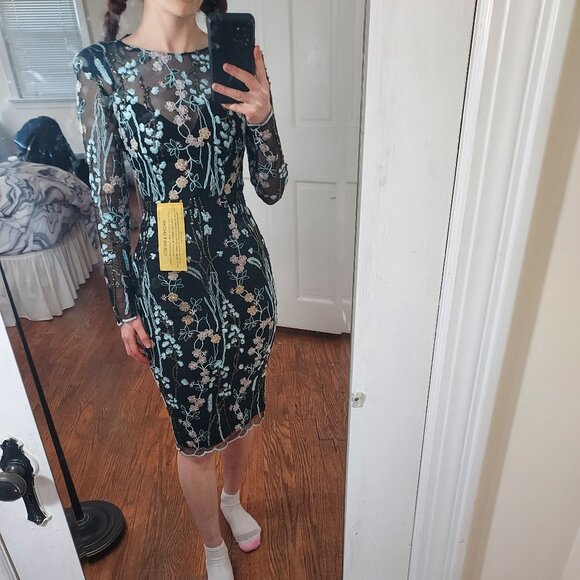Bronx & Banco Embroidered Beaded Black Long Sleeve Floral Midi Dress - Picture 1 of 10
